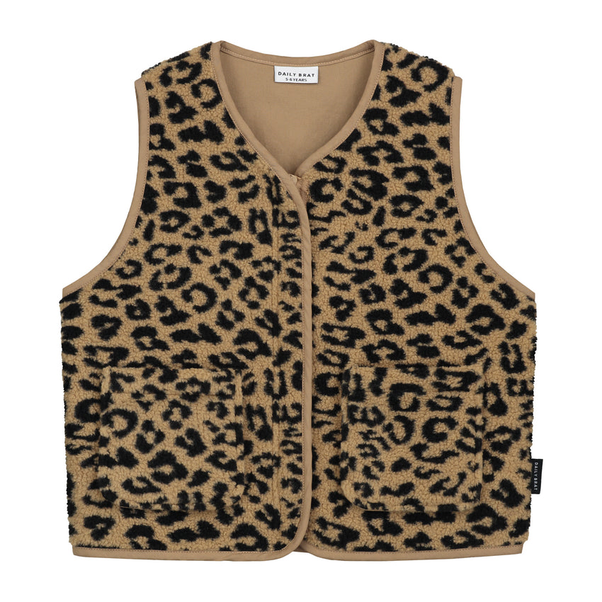 DAILY BRAT fuzzy teddy leopard vest camel